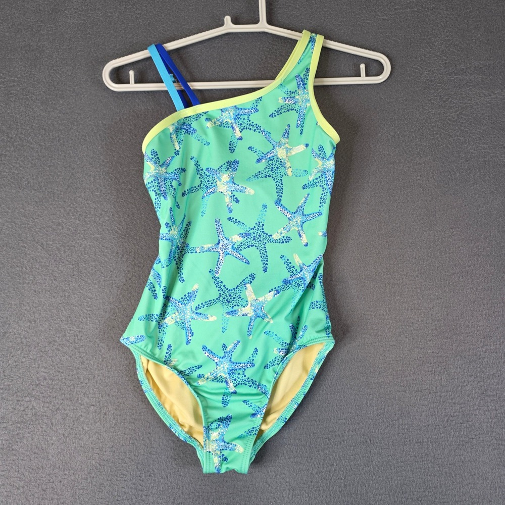 Lands' End One Piece Swimsuit Girls S 6-7 Green Starfish Asymmetrical Cutout